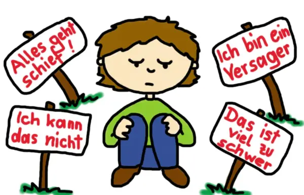 Trauriges Kind sitzt, umgeben von Schildern mit negativen Botschaften wie "Ich bin ein Versager". Es weint, weil es etwas nicht bekommt.